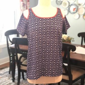 Cold shoulder blue and orange print top
